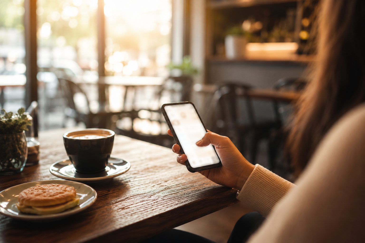 カフェで料金を確認しながらスマホを操作する女性のイメージ
