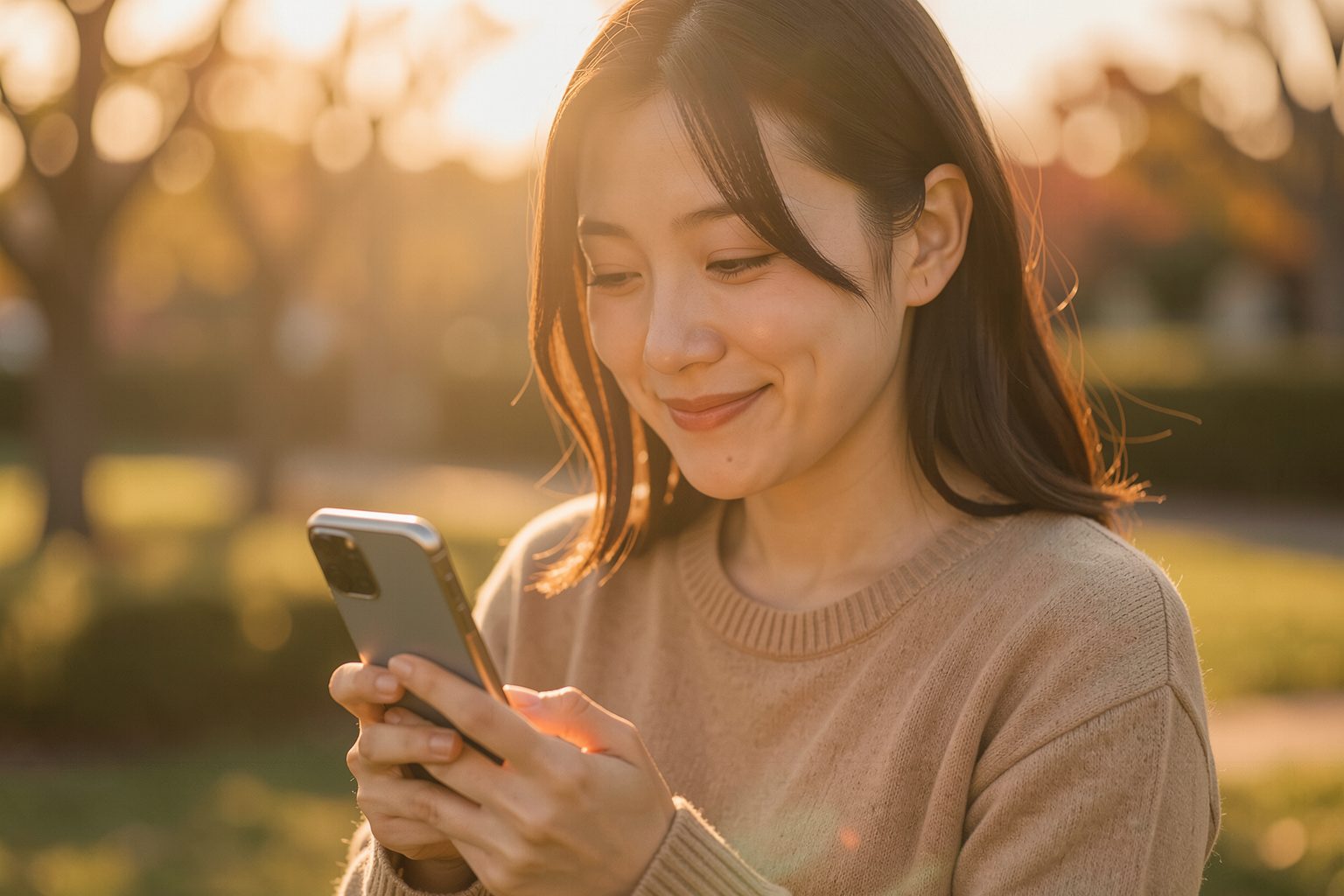 夕方、スマホを見て安心した表情で微笑む女性