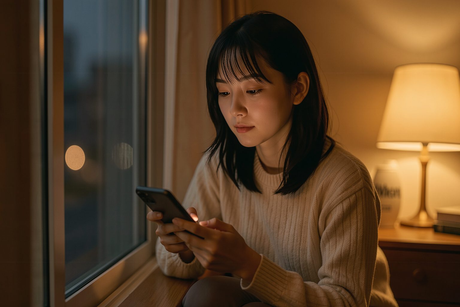 夜、窓辺でスマホを見ながら悩みを整理する女性のイメージ