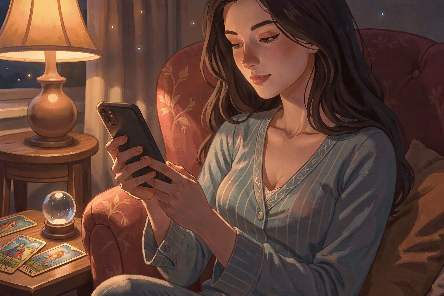 自宅でリラックスしながら電話占いを利用するイメージイラスト